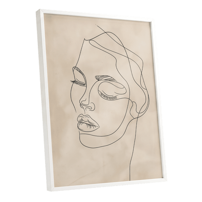 Quiet Contour, black, beige minimalist wall art shown as a white framed poster wall art print