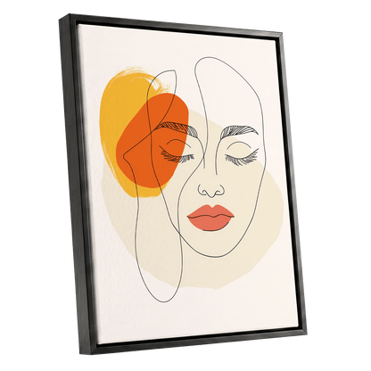 Quiet Contours, black, beige, orange minimalist wall art shown as a black framed canvas wall art