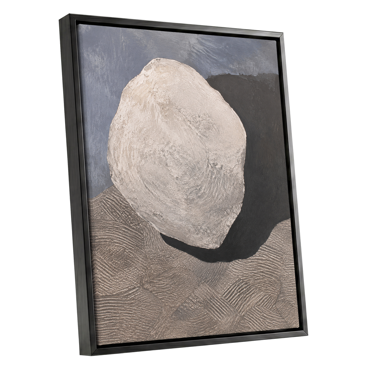 Quiet Contours, beige, gray, black abstract wall art shown as a black framed canvas wall art