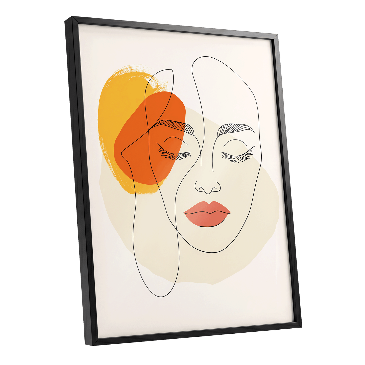 Quiet Contours, black, beige, orange minimalist wall art shown as a black framed poster wall art print
