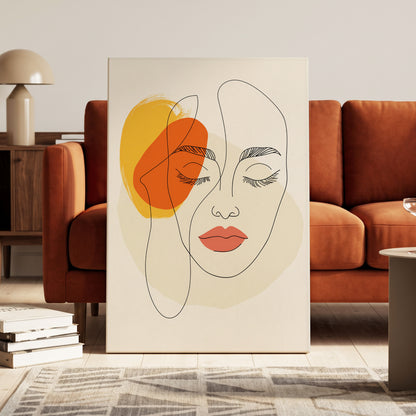 Quiet Contours, black, beige, orange minimalist wall art on canvas displayed in a styled interior, gallery view 1