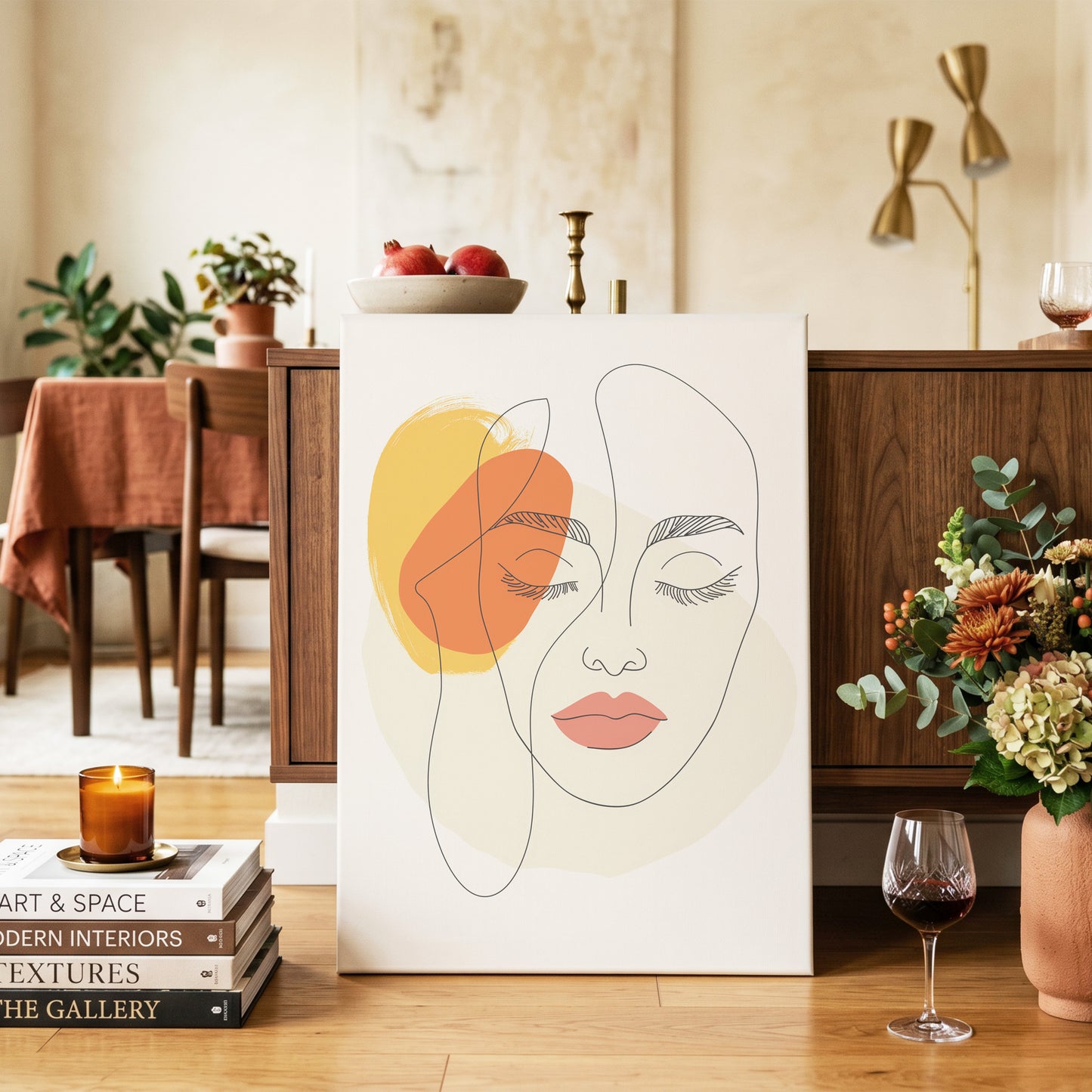 Quiet Contours, black, beige, orange minimalist wall art on canvas displayed in a styled interior, gallery view 2