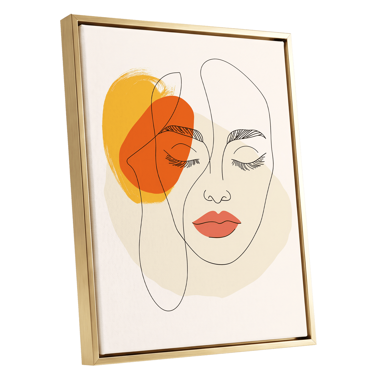 Quiet Contours, black, beige, orange minimalist wall art shown as a gold framed canvas wall art