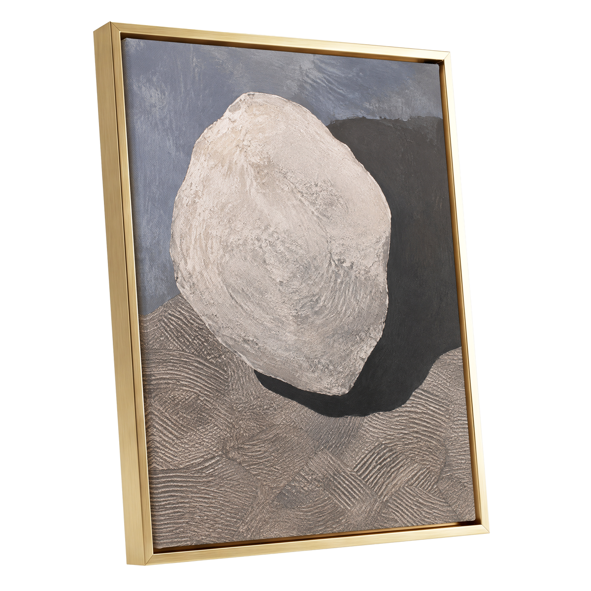 Quiet Contours, beige, gray, black abstract wall art shown as a gold framed canvas wall art