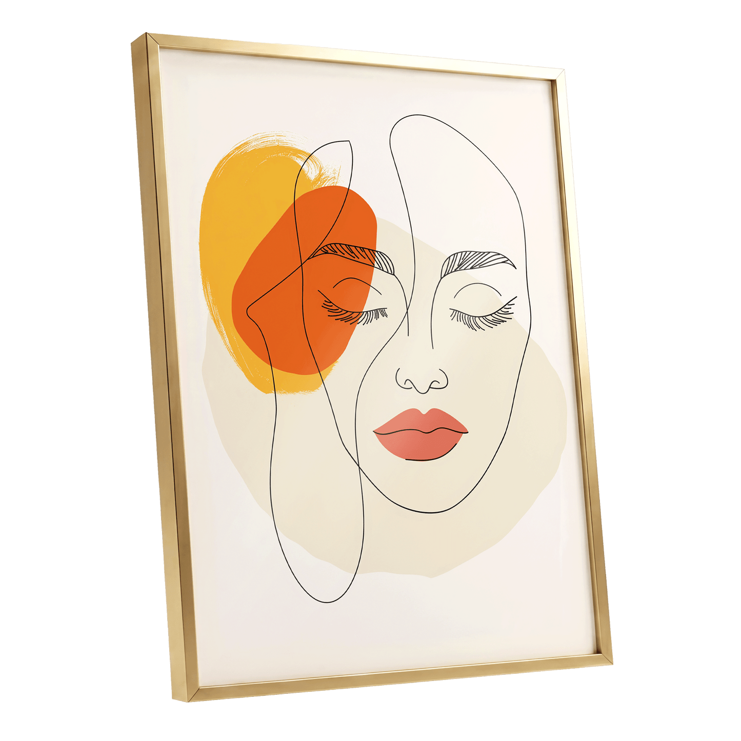 Quiet Contours, black, beige, orange minimalist wall art shown as a gold framed poster wall art print