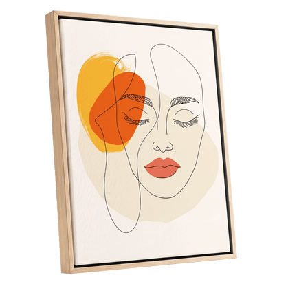 Quiet Contours, black, beige, orange minimalist wall art shown as a oak framed canvas wall art