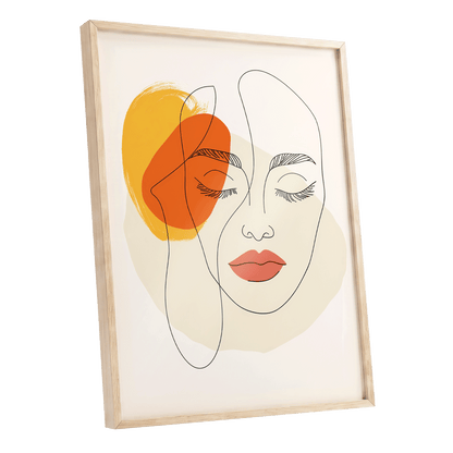 Quiet Contours, black, beige, orange minimalist wall art shown as a oak framed poster wall art print