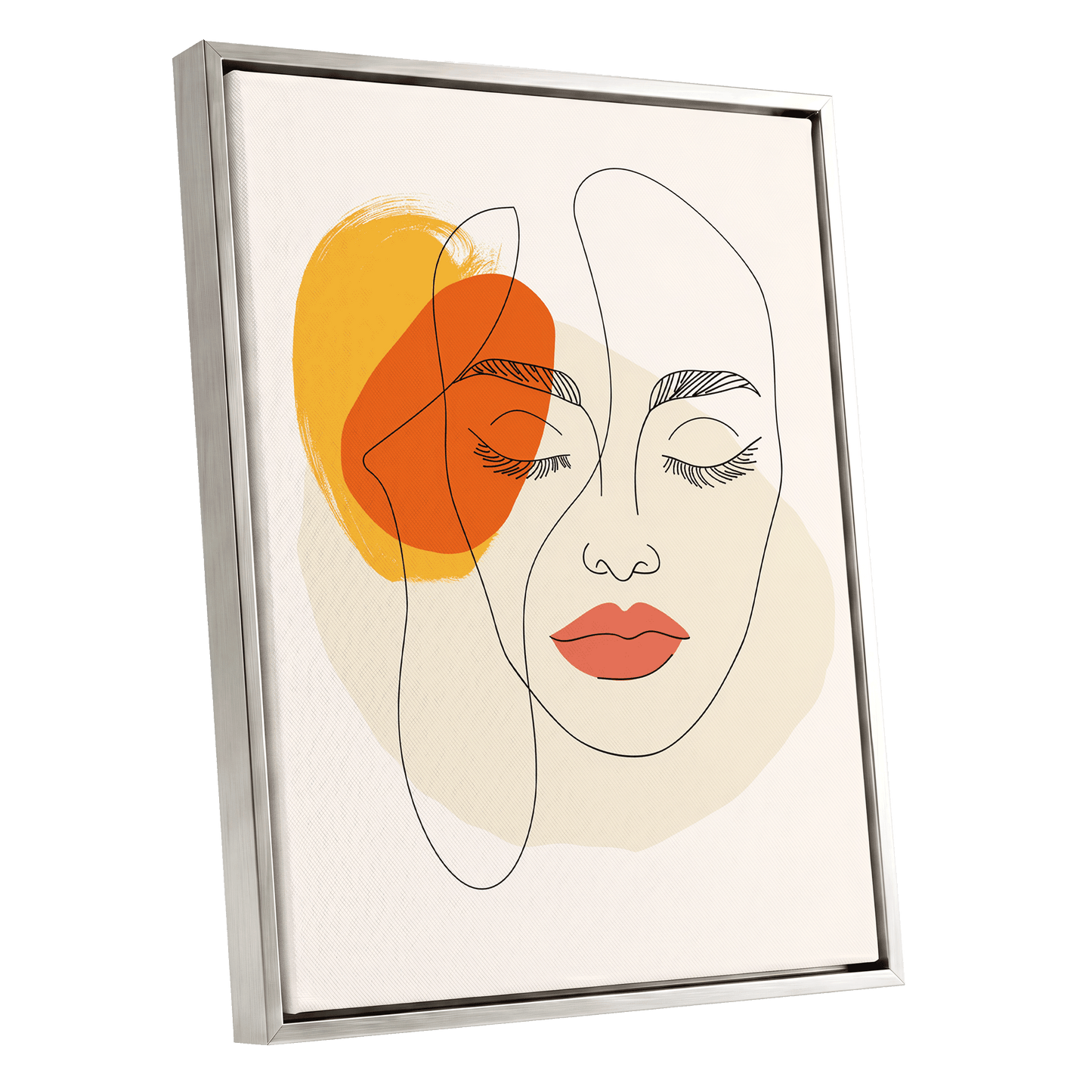 Quiet Contours, black, beige, orange minimalist wall art shown as a silver framed canvas wall art