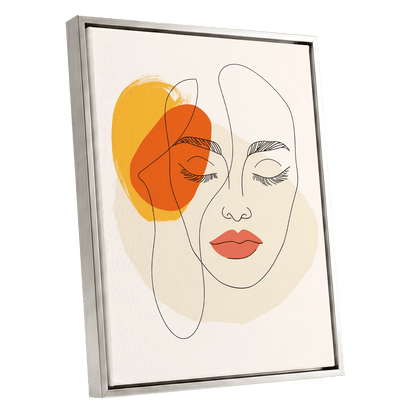 Quiet Contours, black, beige, orange minimalist wall art shown as a silver framed canvas wall art