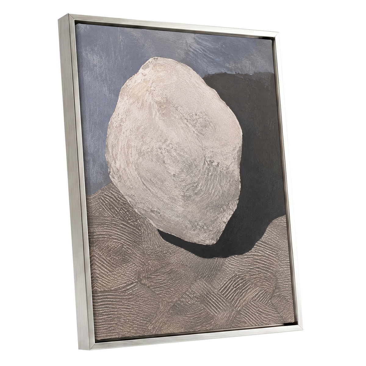 Quiet Contours, beige, gray, black abstract wall art shown as a silver framed canvas wall art