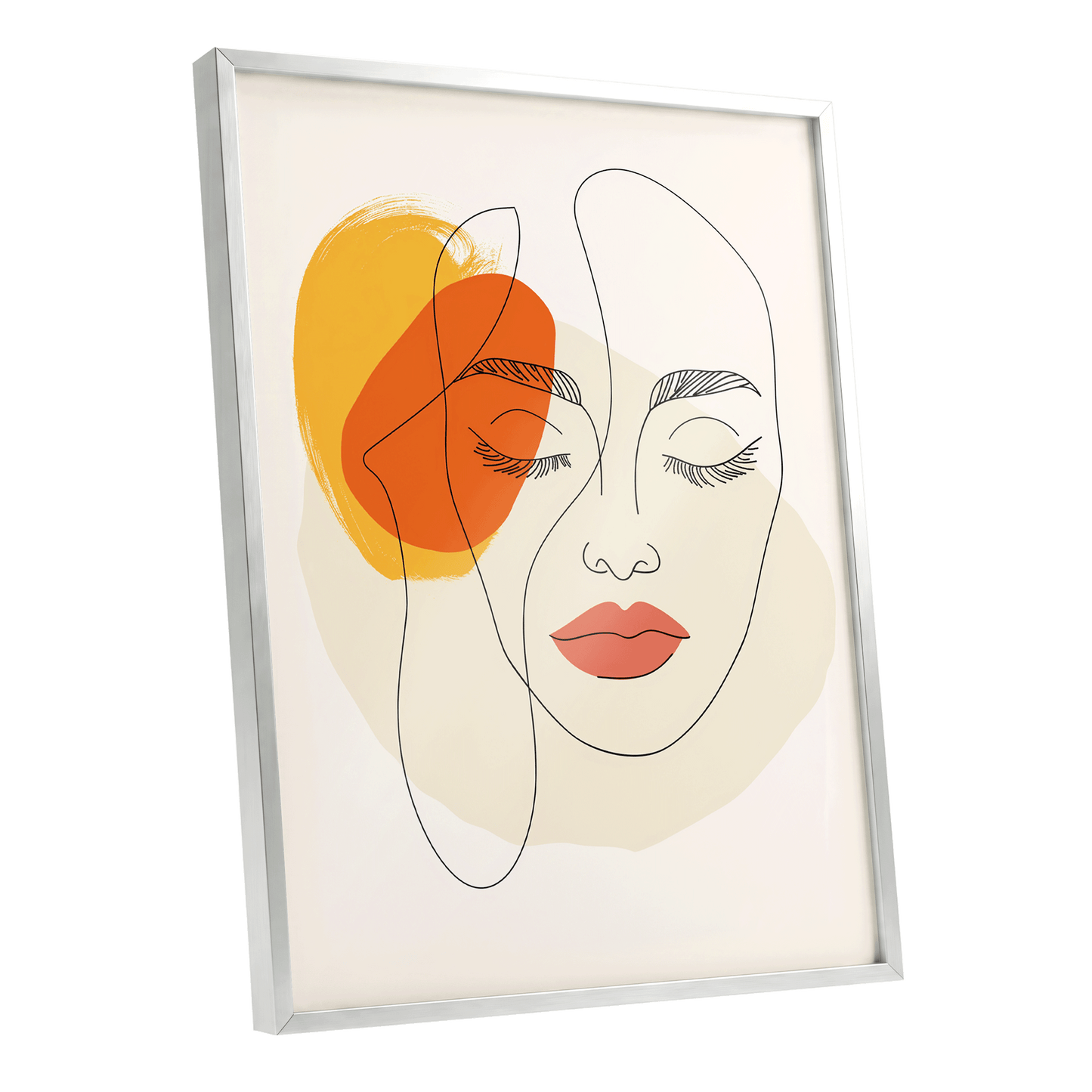 Quiet Contours, black, beige, orange minimalist wall art shown as a silver framed poster wall art print