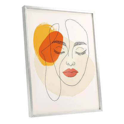 Quiet Contours, black, beige, orange minimalist wall art shown as a silver framed poster wall art print