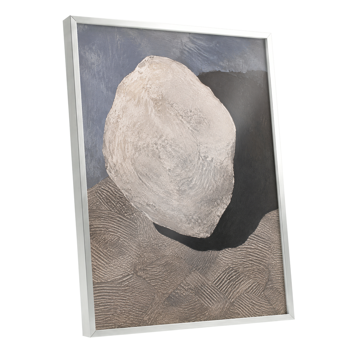 Quiet Contours, beige, gray, black abstract wall art shown as a silver framed poster wall art print