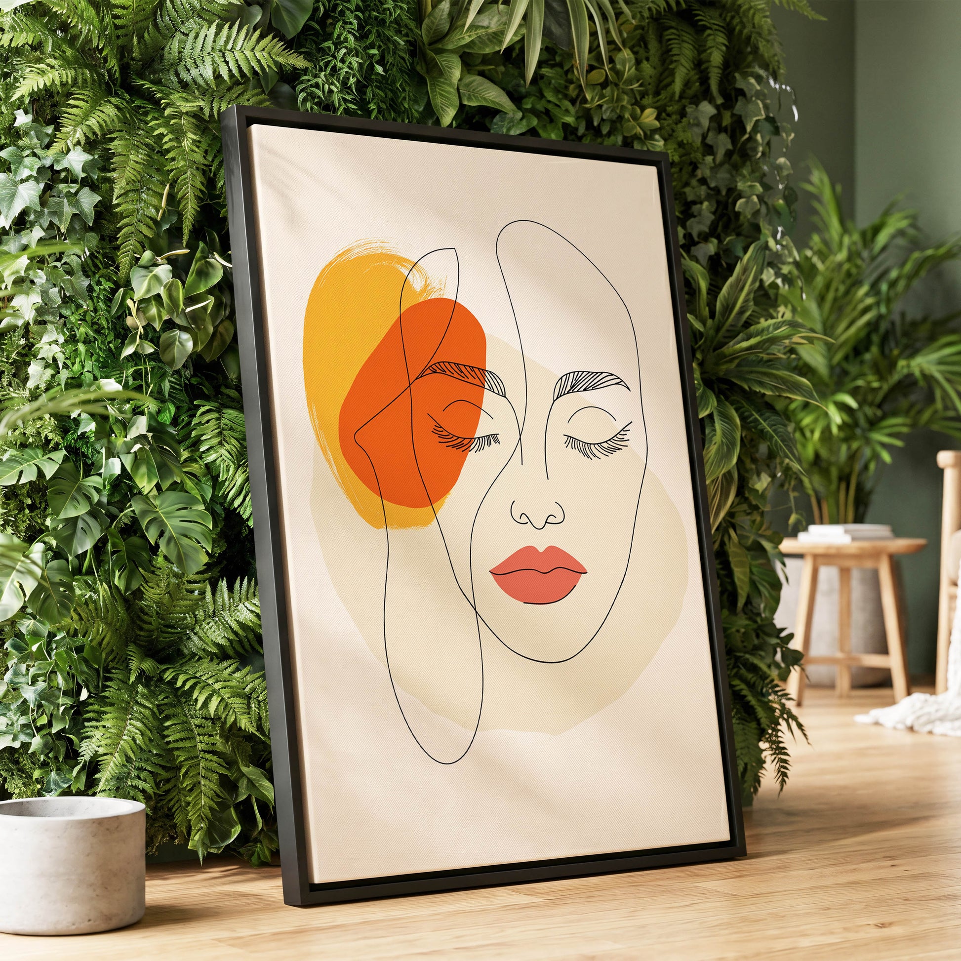 Quiet Contours, black, beige, orange minimalist wall art displayed in a styled interior, gallery view 1