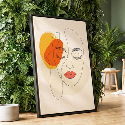 Quiet Contours, black, beige, orange minimalist wall art displayed in a styled interior, gallery view 1