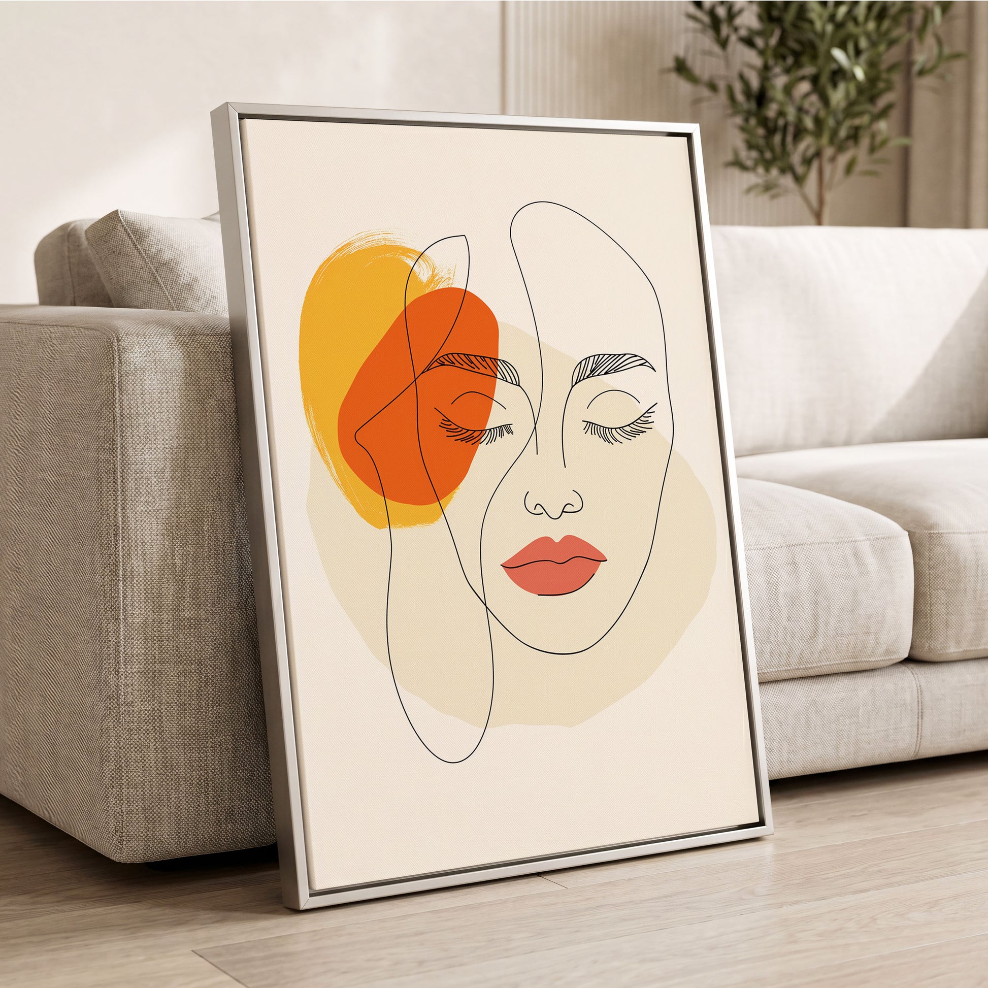 Quiet Contours, black, beige, orange minimalist wall art displayed in a styled interior, gallery view 2