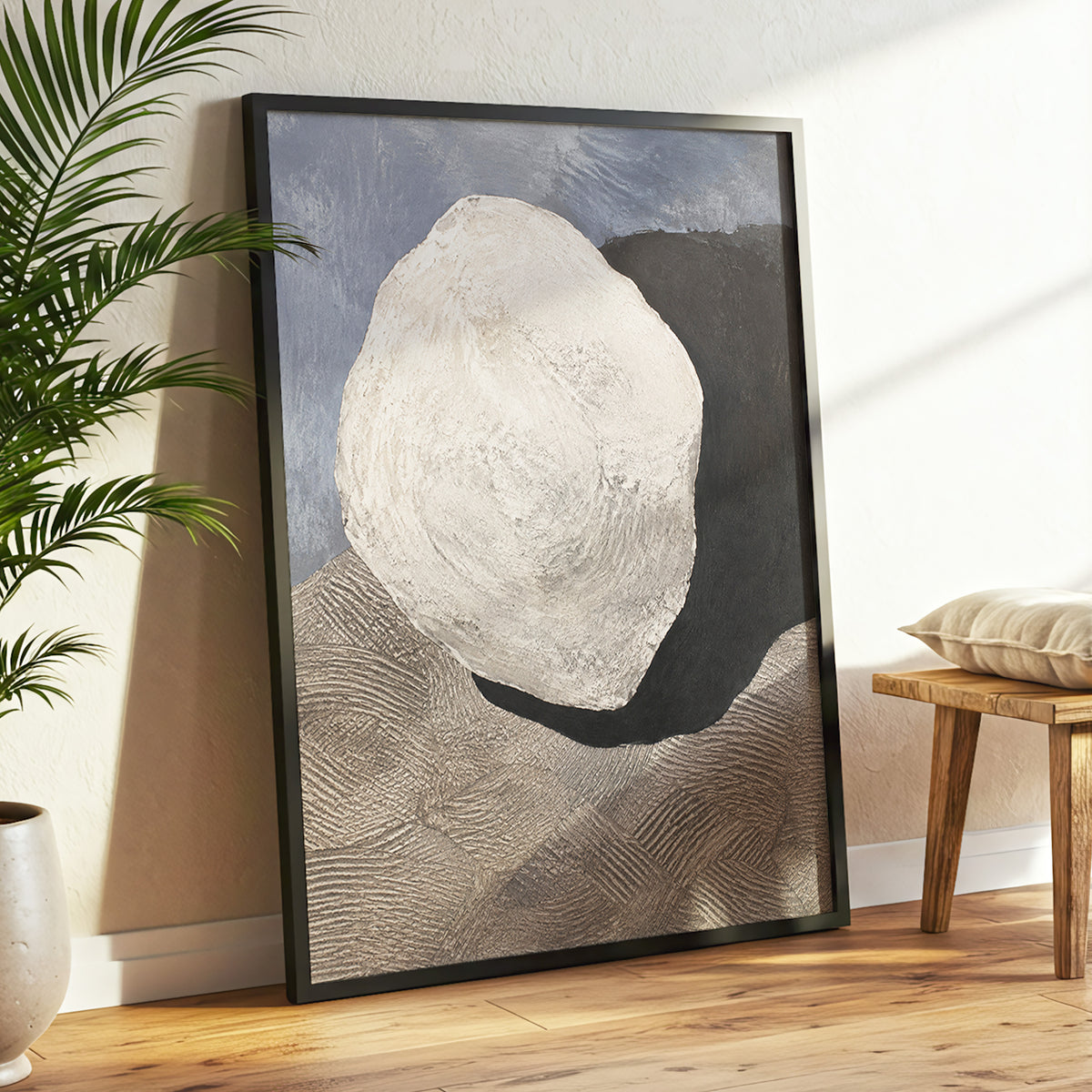 Quiet Contours, beige, gray, black abstract wall art displayed in a styled interior, gallery view 2