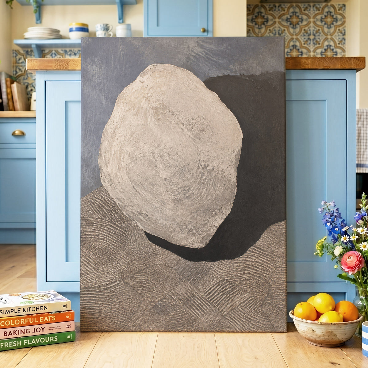 Quiet Contours, beige, gray, black abstract wall art displayed in a styled interior, gallery view 3