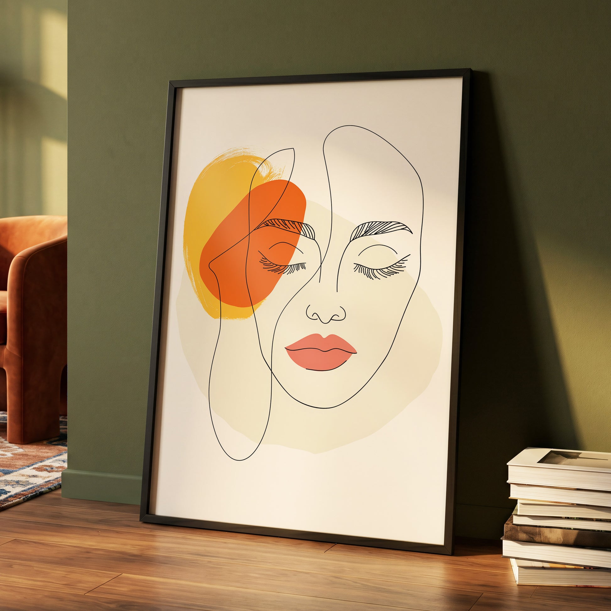 Quiet Contours, black, beige, orange minimalist wall art displayed in a styled interior, gallery view 4