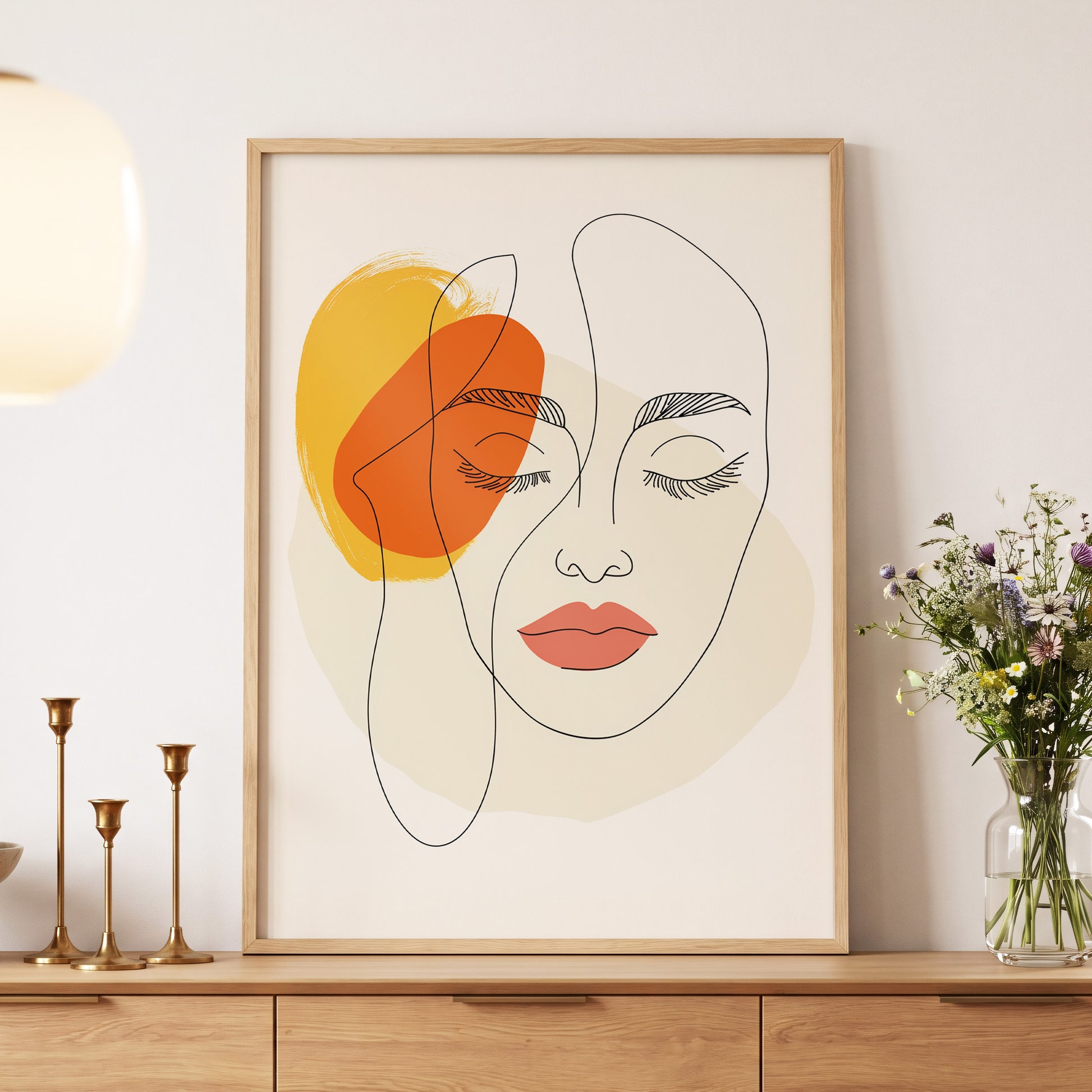 Quiet Contours, black, beige, orange minimalist wall art displayed in a styled interior, gallery view 5