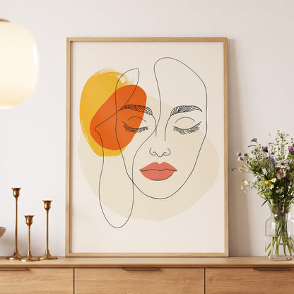 Quiet Contours, black, beige, orange minimalist wall art displayed in a styled interior, gallery view 5