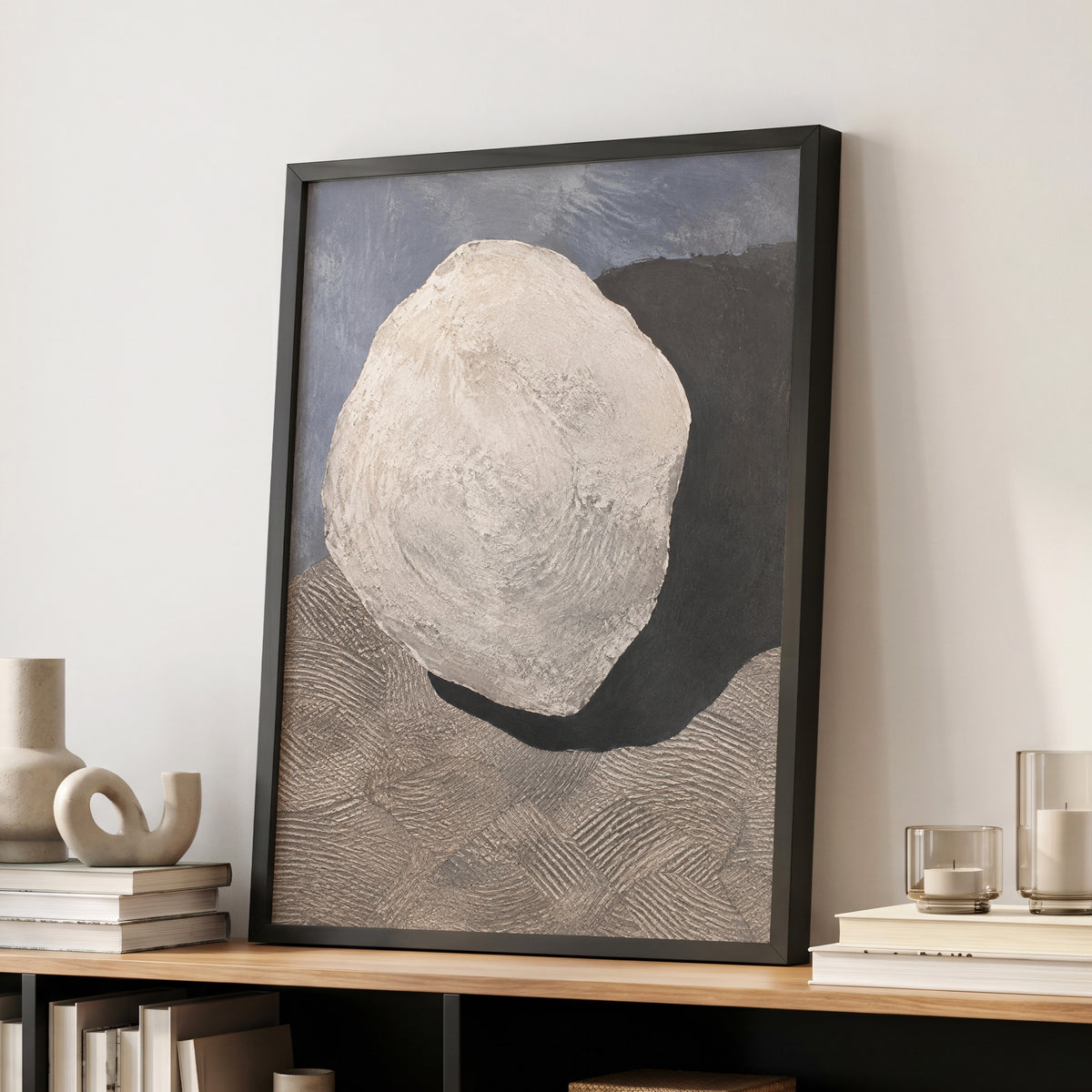 Quiet Contours, beige, gray, black abstract wall art displayed in a styled interior, gallery view 6