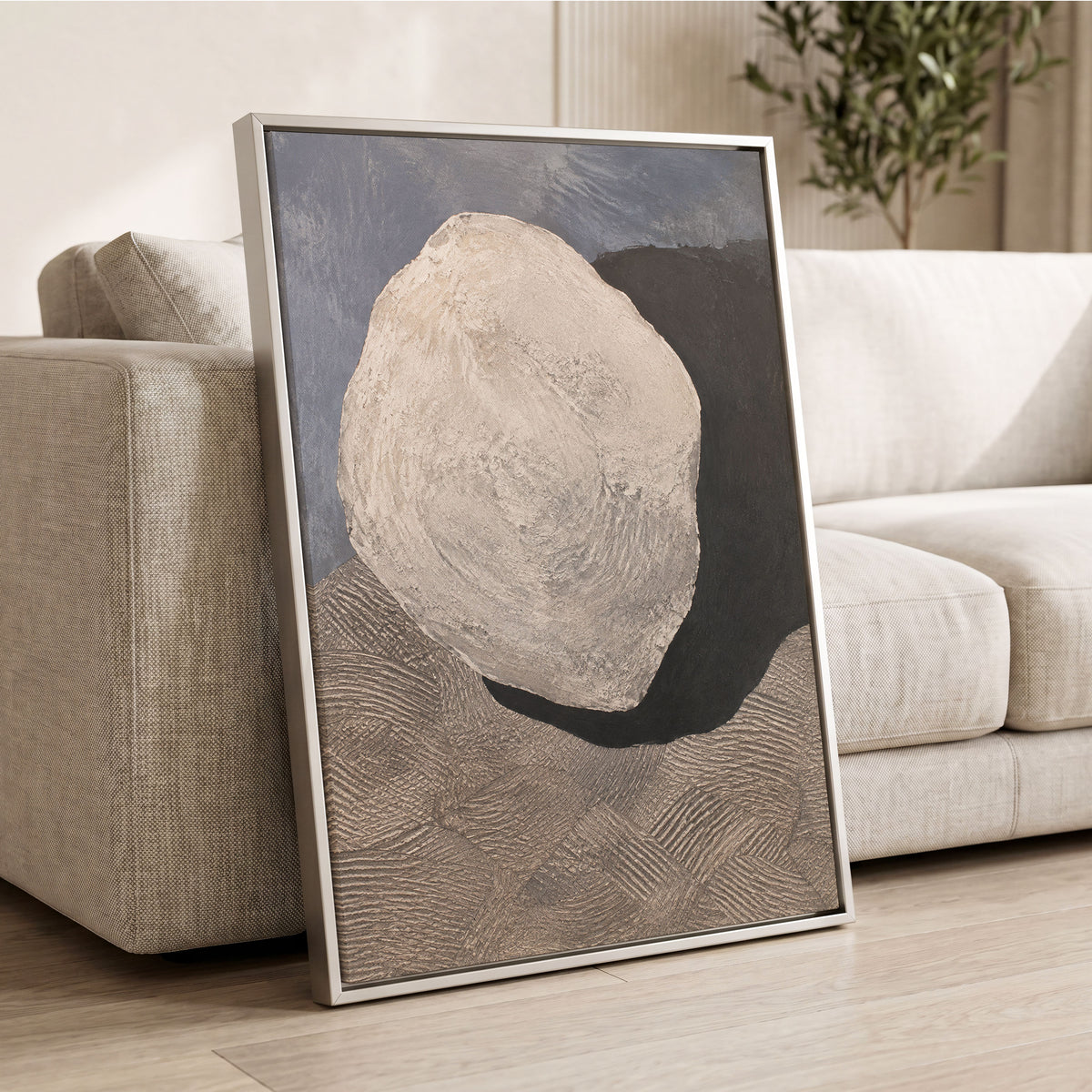 Quiet Contours, beige, gray, black abstract wall art displayed in a styled interior, gallery view 8