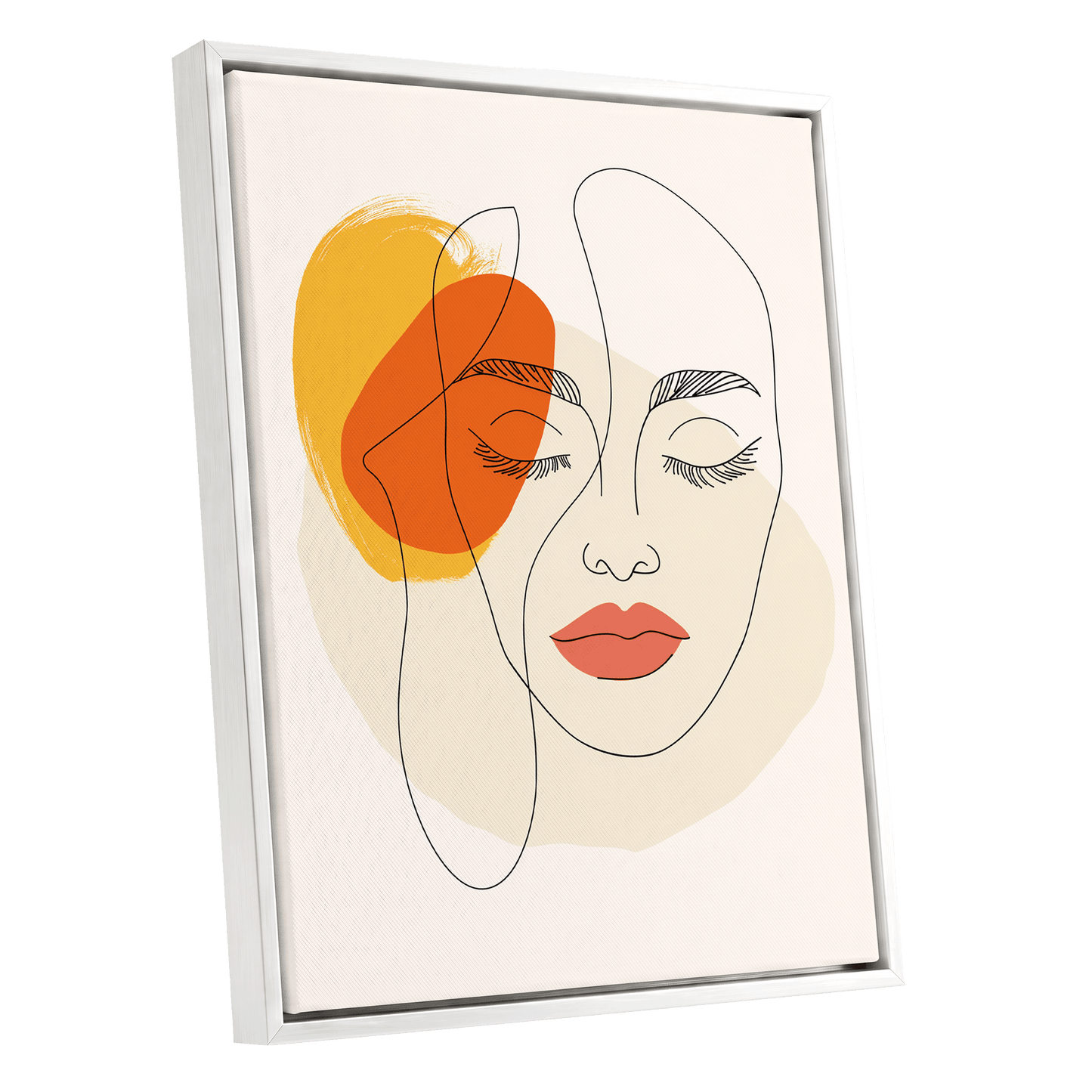 Quiet Contours, black, beige, orange minimalist wall art shown as a white framed canvas wall art