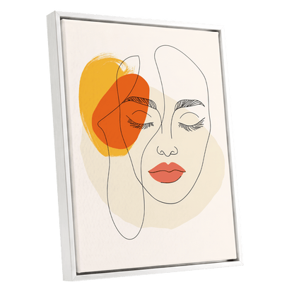 Quiet Contours, black, beige, orange minimalist wall art shown as a white framed canvas wall art