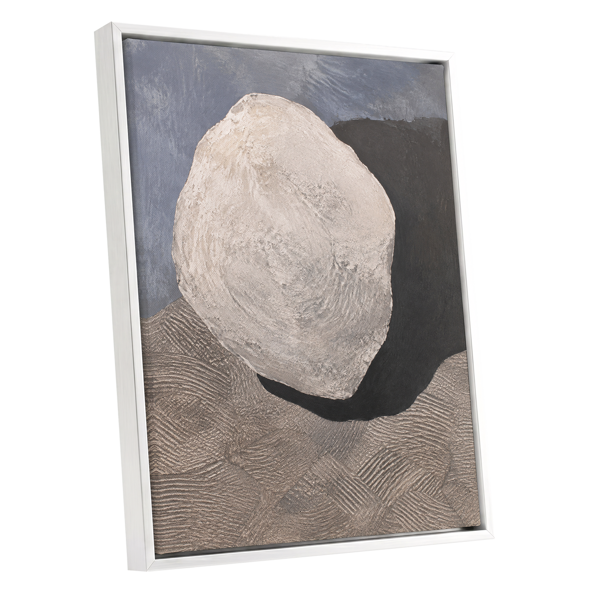 Quiet Contours, beige, gray, black abstract wall art shown as a white framed canvas wall art