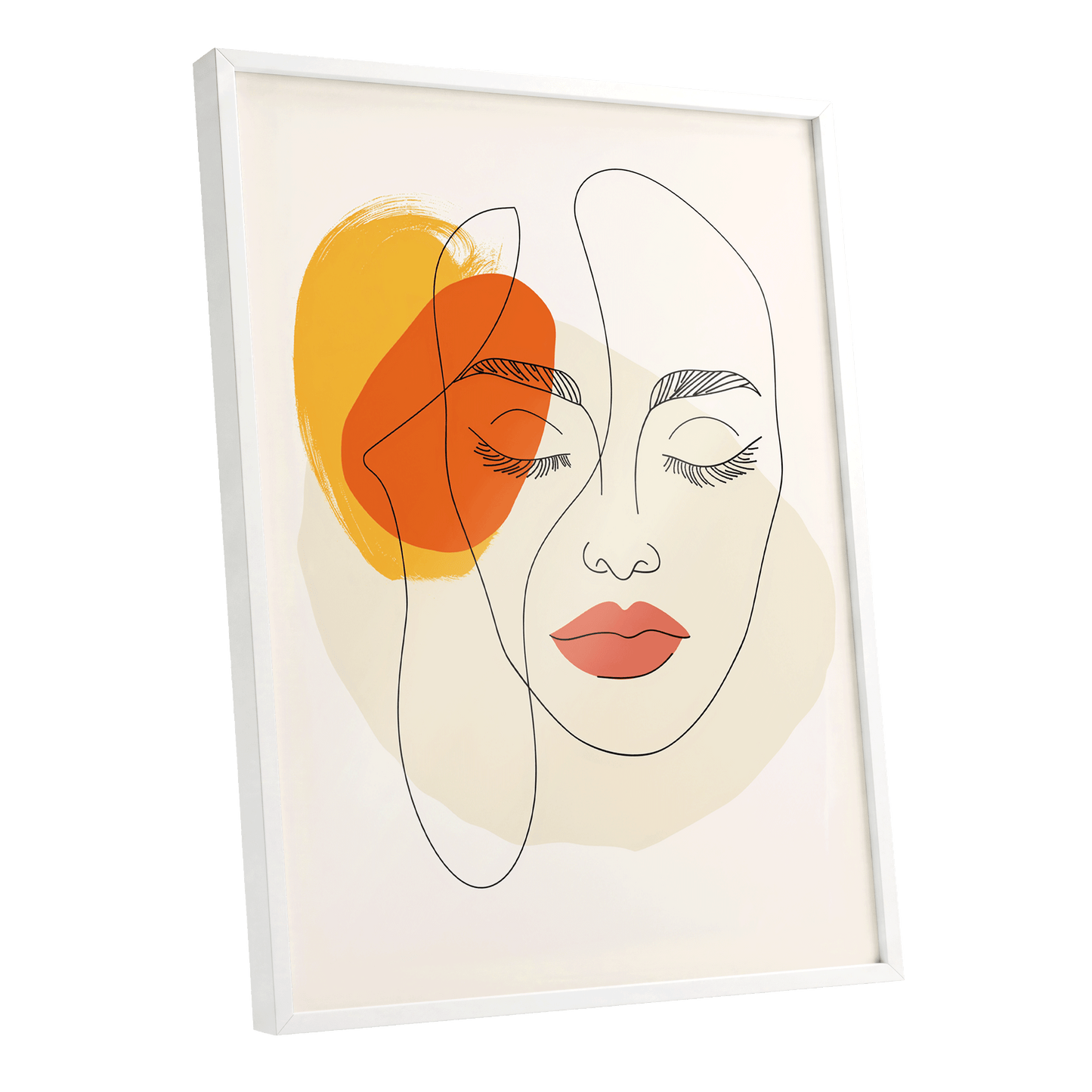 Quiet Contours, black, beige, orange minimalist wall art shown as a white framed poster wall art print