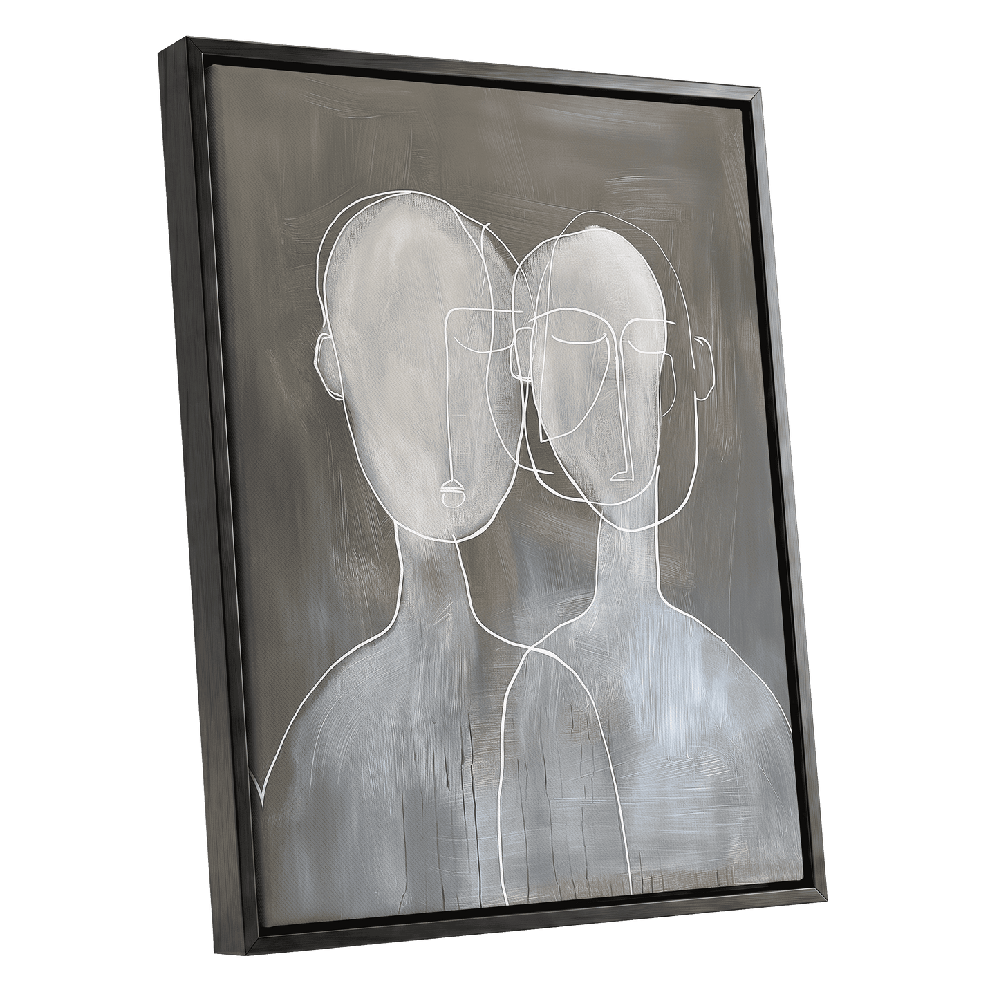 Quiet Convergence, gray, white minimalist wall art shown as a black framed canvas wall art