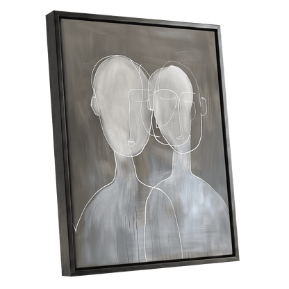 Quiet Convergence, gray, white minimalist wall art shown as a black framed canvas wall art