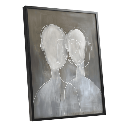 Quiet Convergence, gray, white minimalist wall art shown as a black framed poster wall art print