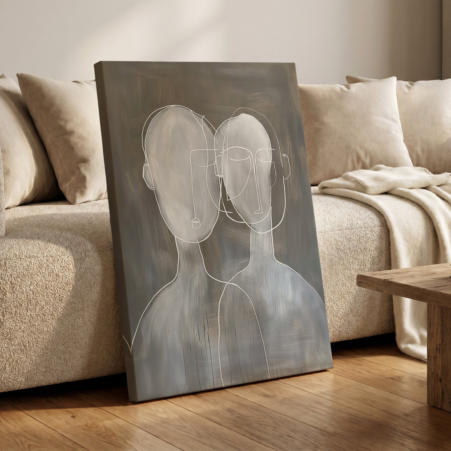 Quiet Convergence, gray, white minimalist wall art on canvas displayed in a styled interior, gallery view 1