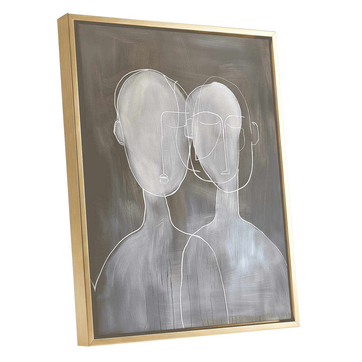 Quiet Convergence, gray, white minimalist wall art shown as a gold framed canvas wall art