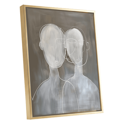 Quiet Convergence, gray, white minimalist wall art shown as a gold framed canvas wall art