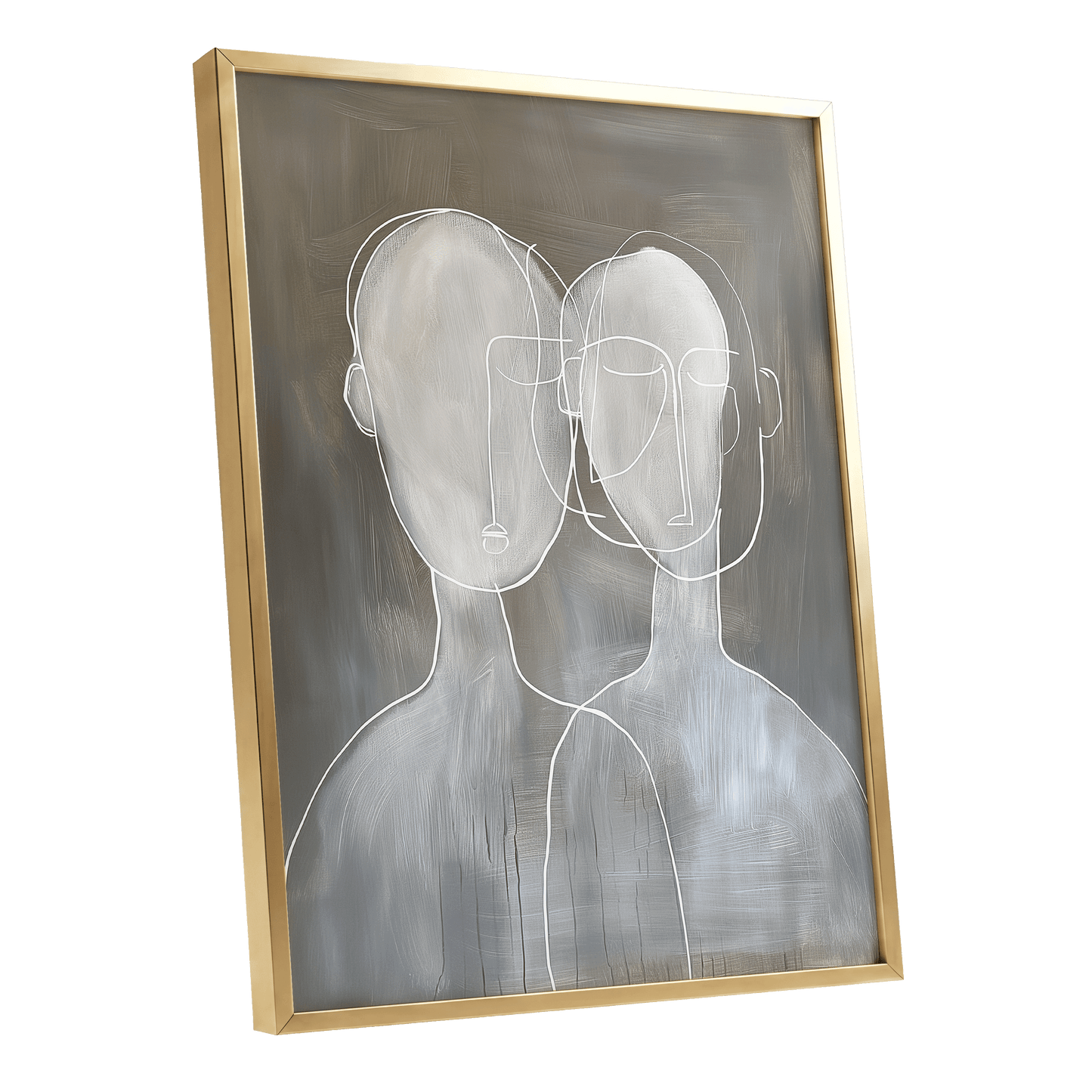 Quiet Convergence, gray, white minimalist wall art shown as a gold framed poster wall art print