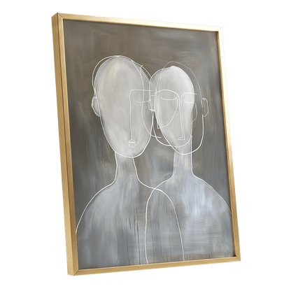Quiet Convergence, gray, white minimalist wall art shown as a gold framed poster wall art print