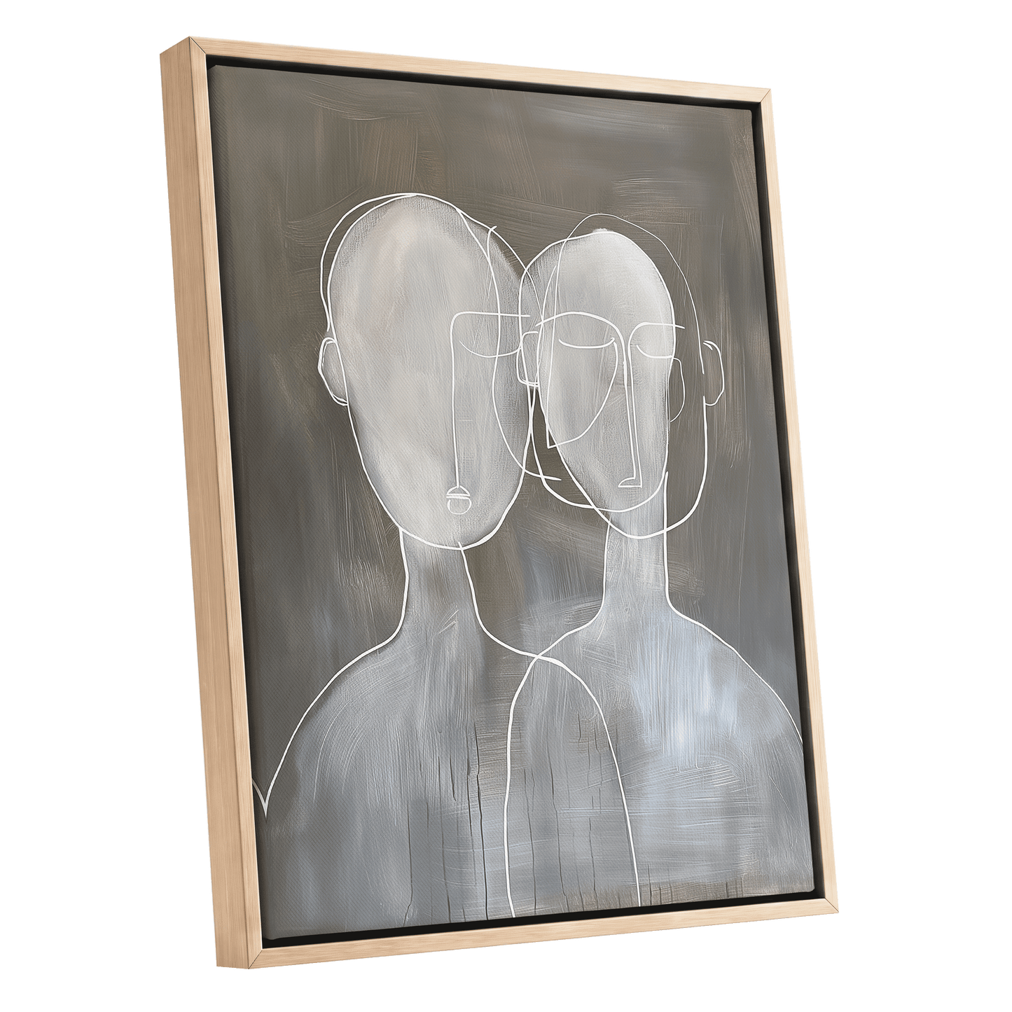 Quiet Convergence, gray, white minimalist wall art shown as a oak framed canvas wall art