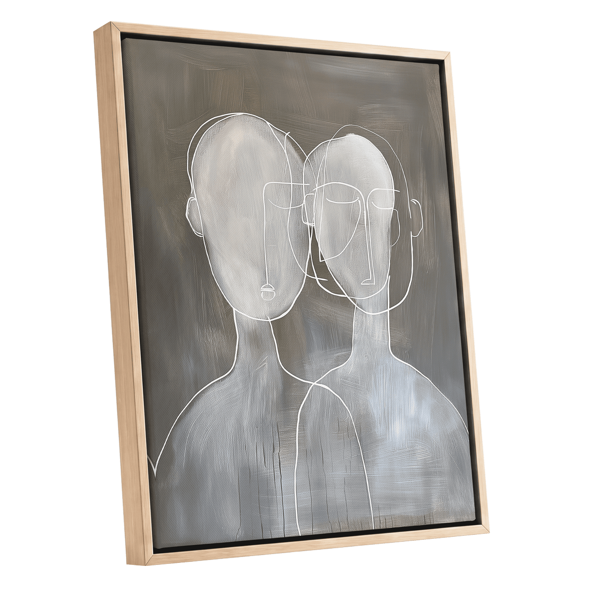 Quiet Convergence, gray, white minimalist wall art shown as a oak framed canvas wall art