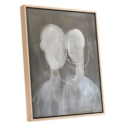 Quiet Convergence, gray, white minimalist wall art shown as a oak framed canvas wall art