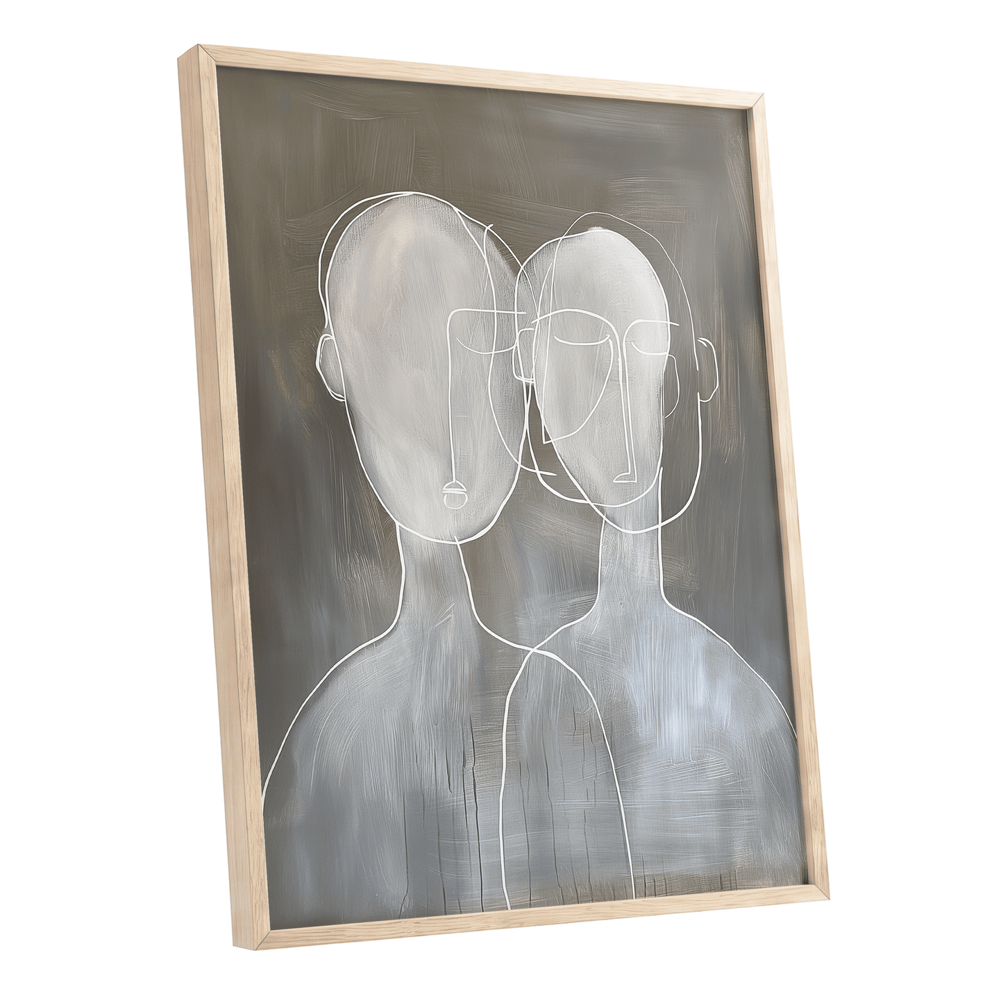 Quiet Convergence, gray, white minimalist wall art shown as a oak framed poster wall art print