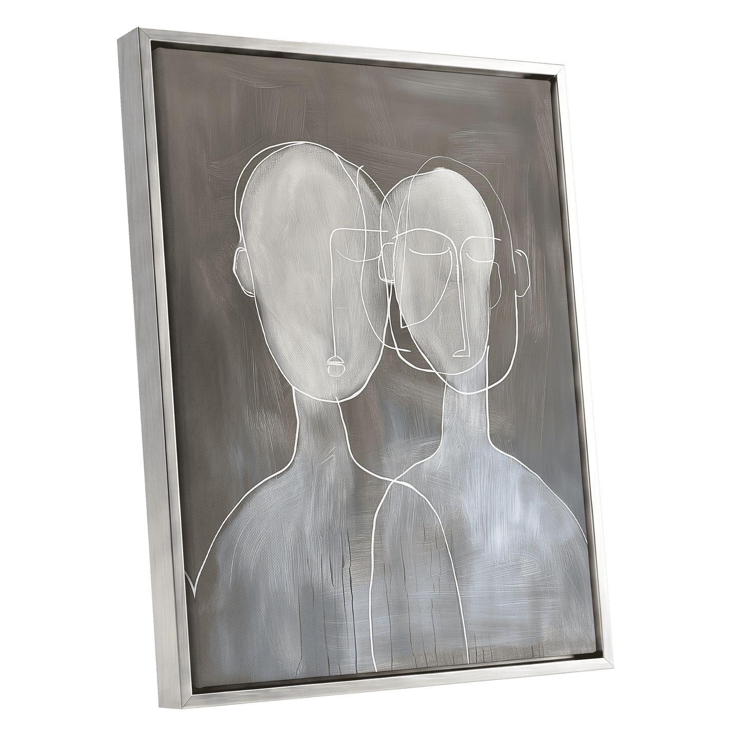 Quiet Convergence, gray, white minimalist wall art shown as a silver framed canvas wall art