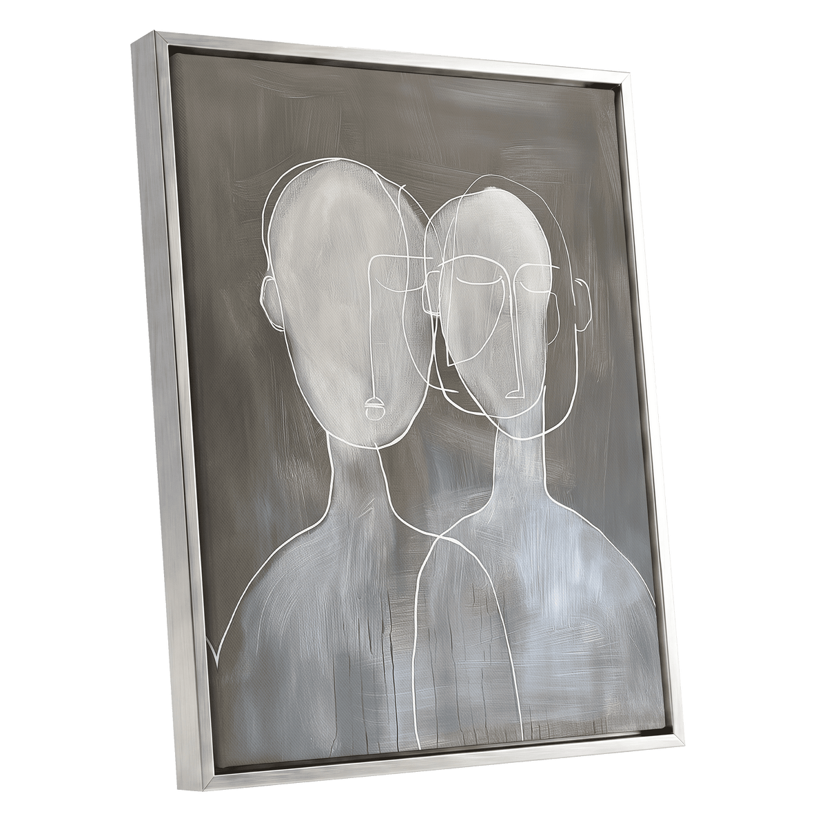 Quiet Convergence, gray, white minimalist wall art shown as a silver framed canvas wall art