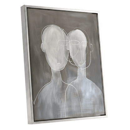 Quiet Convergence, gray, white minimalist wall art shown as a silver framed canvas wall art