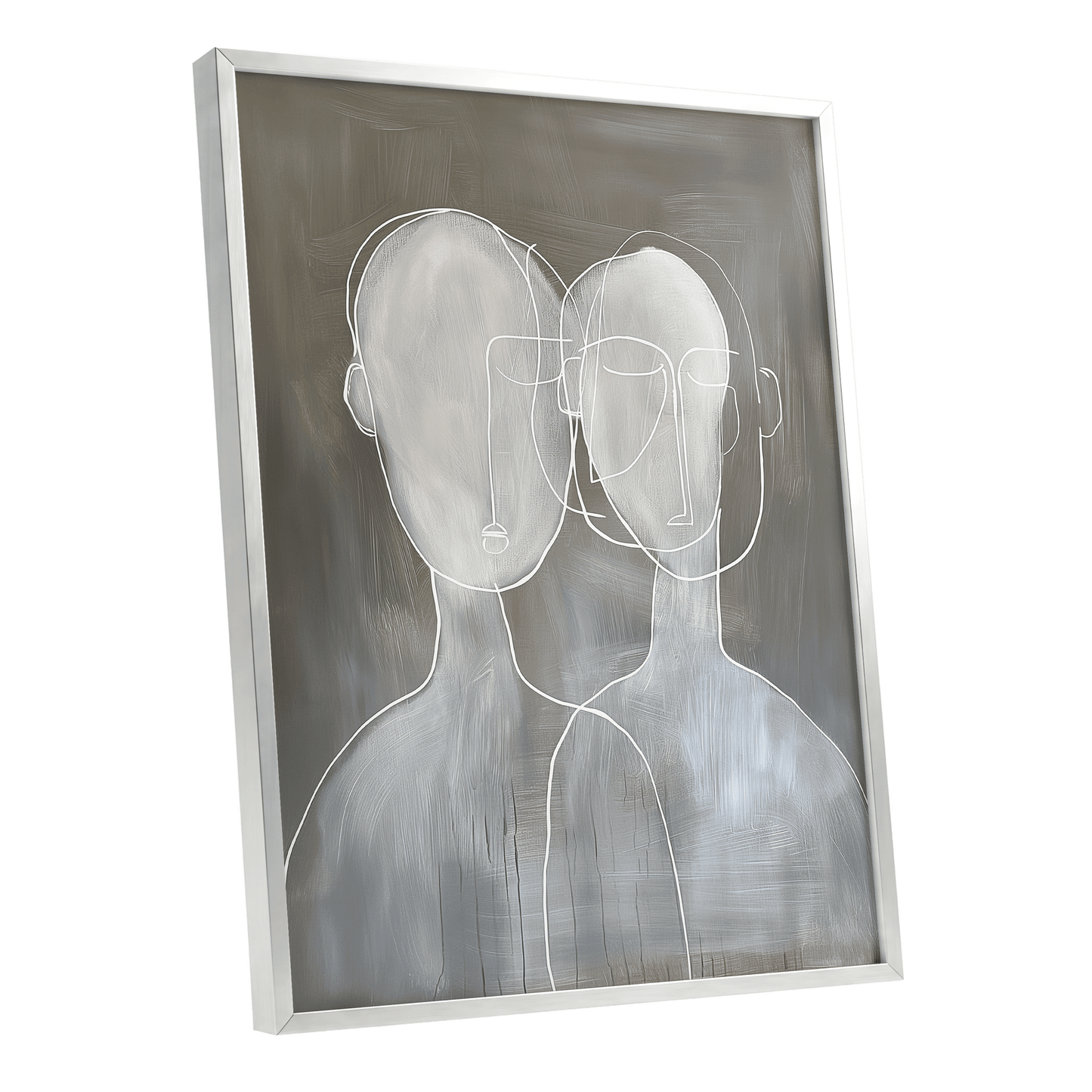 Quiet Convergence, gray, white minimalist wall art shown as a silver framed poster wall art print