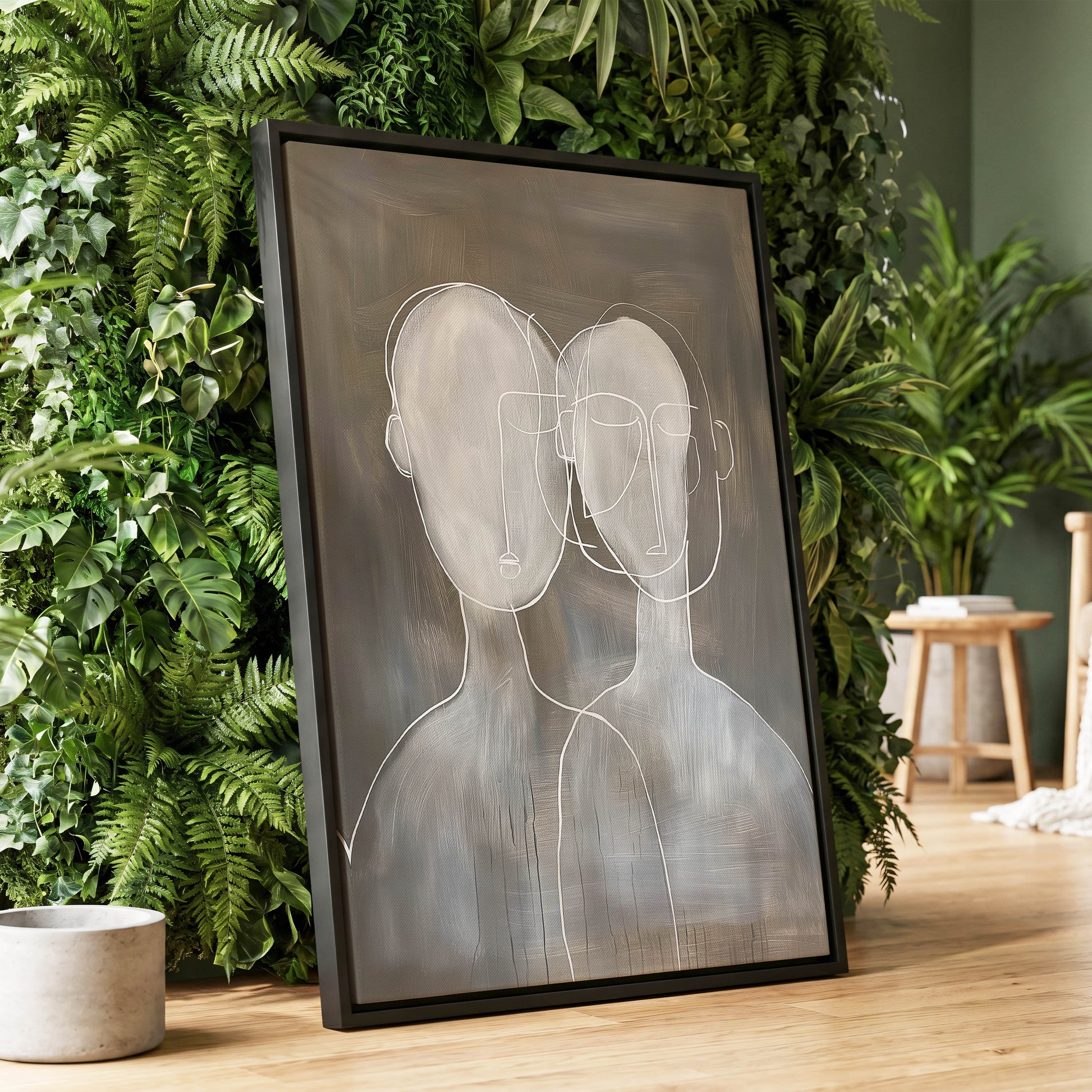 Quiet Convergence, gray, white minimalist wall art displayed in a styled interior, gallery view 1