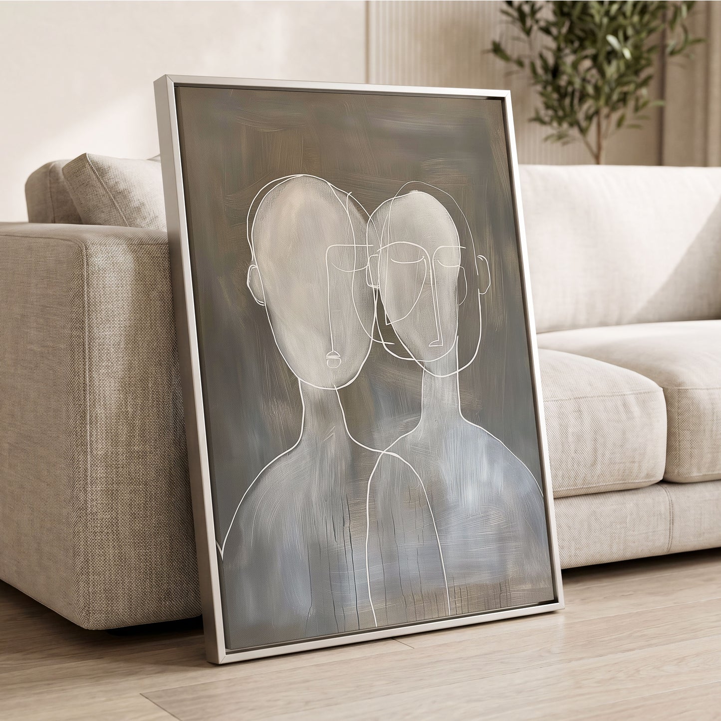 Quiet Convergence, gray, white minimalist wall art displayed in a styled interior, gallery view 2