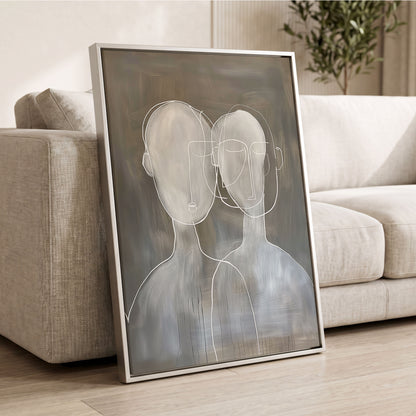 Quiet Convergence, gray, white minimalist wall art displayed in a styled interior, gallery view 2